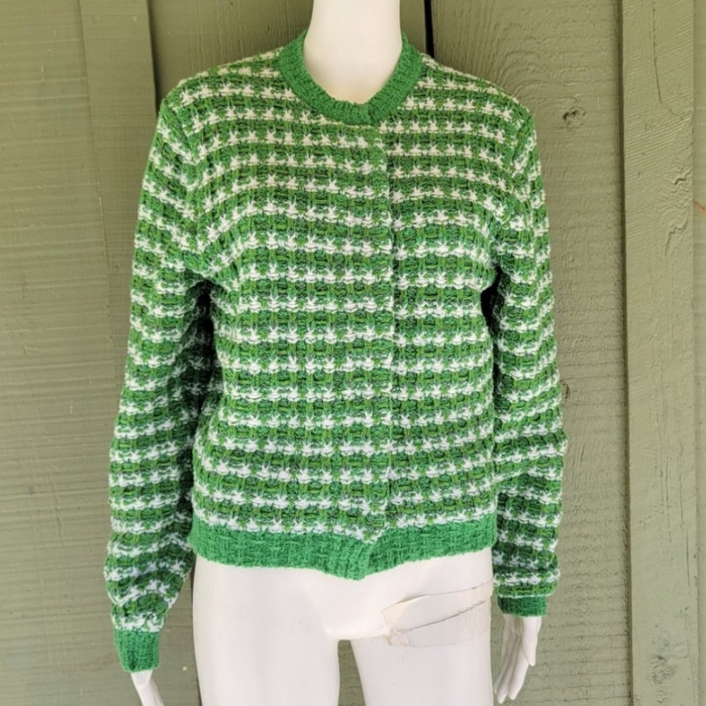 Ann Taylor Green and White Patterned Knit Cardigan Sweater